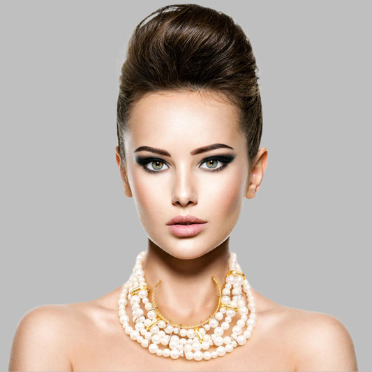 Gold and Cream Pearl Layered Choker Necklace Set Featuring Gold Metal Detailing. 2 inches wide.