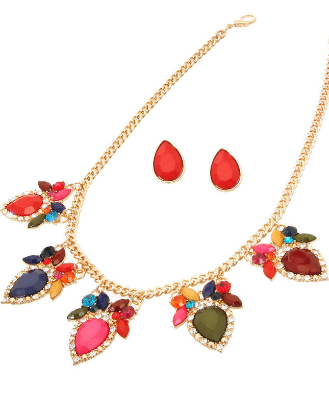Multicolored Stone Necklace Set featuring an array of dazzling gemstones in various hues, paired with matching earrings for a bold and elegant statement.