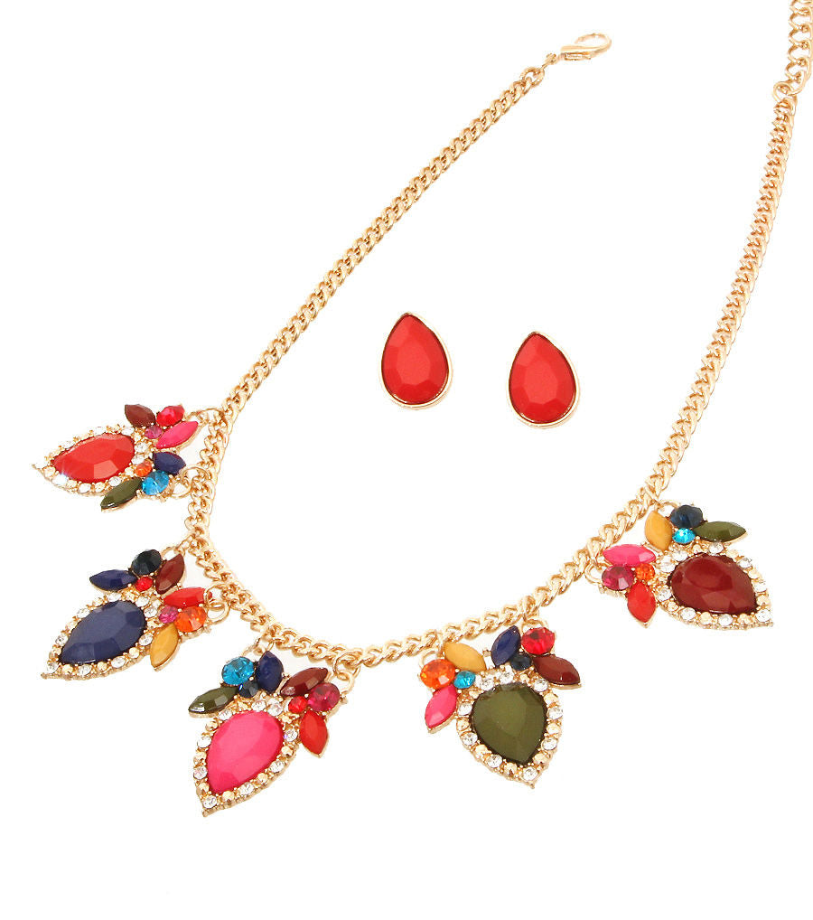 Multicolored Stone Necklace Set featuring an array of dazzling gemstones in various hues, paired with matching earrings for a bold and elegant statement.
