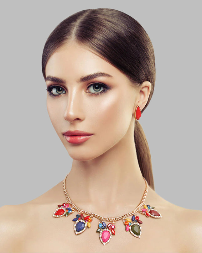 Multicolored Stone Necklace Set  featuring an array of dazzling gemstones in various hues, paired with matching earrings for a bold and elegant statement.
