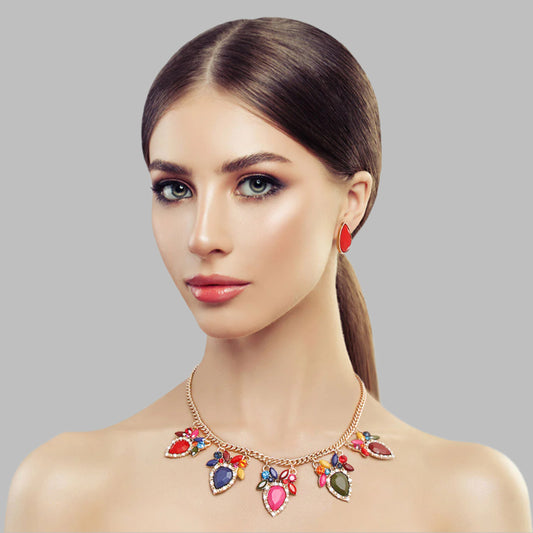Multicolored Stone Necklace Set  featuring an array of dazzling gemstones in various hues, paired with matching earrings for a bold and elegant statement.