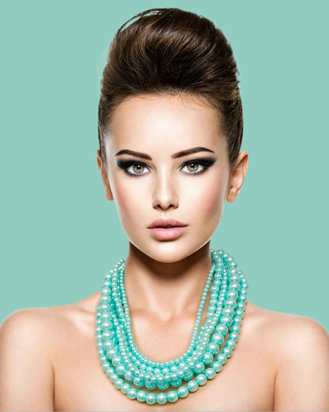 Silver with Varying Sized Mint Pearls Multi Strand Layered Necklace Set