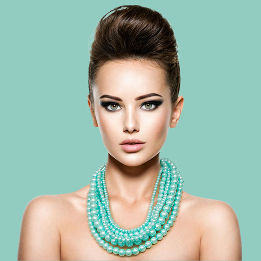 Silver with Varying Sized Mint Pearls Multi Strand Layered Necklace Set