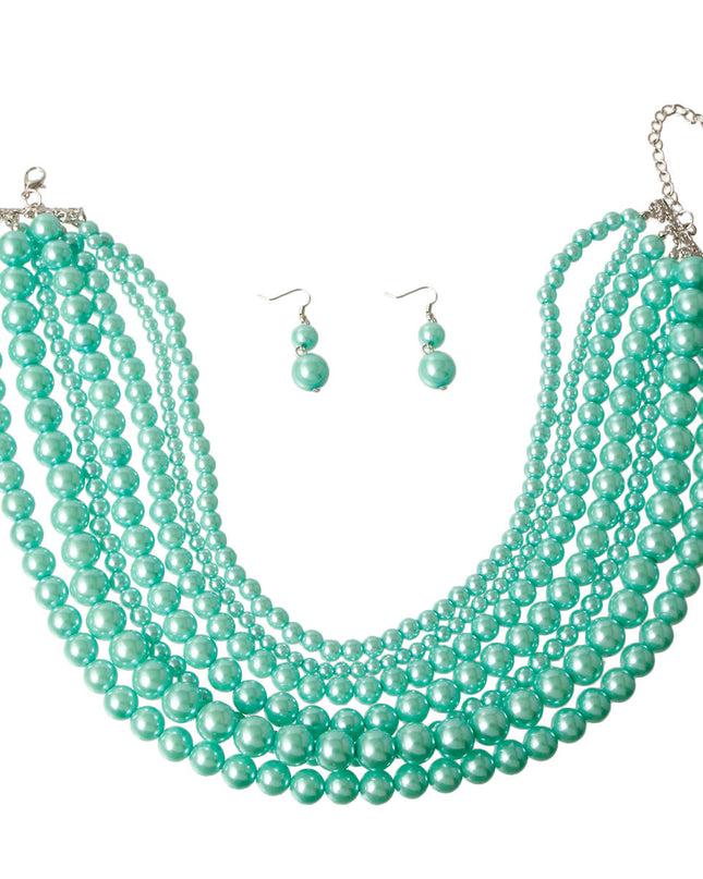Silver with Varying Sized Mint Pearls Multi Strand Layered Necklace Set