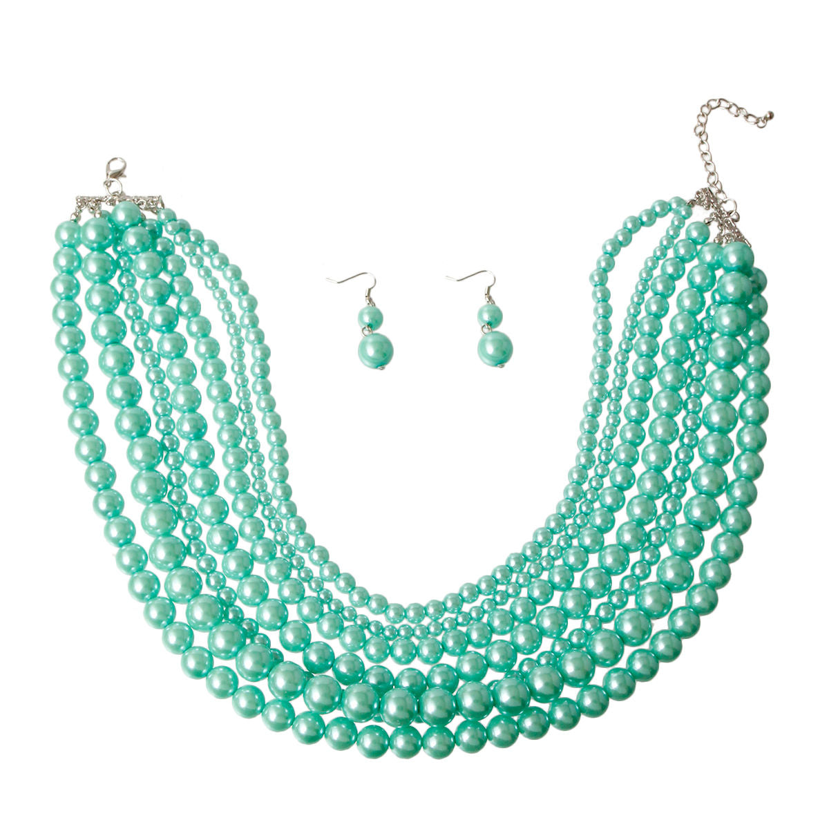 Silver with Varying Sized Mint Pearls Multi Strand Layered Necklace Set