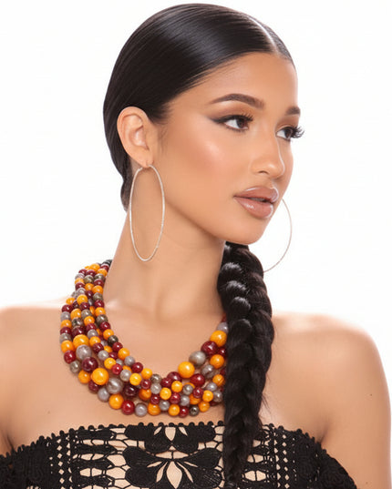 Layered Burgundy, Gray, and Orange Ball Bead Multi-Strand Necklace Featuring Natural Buffalo Horn Hook Closure. Handcrafted. Fair Trade. Exclusive.