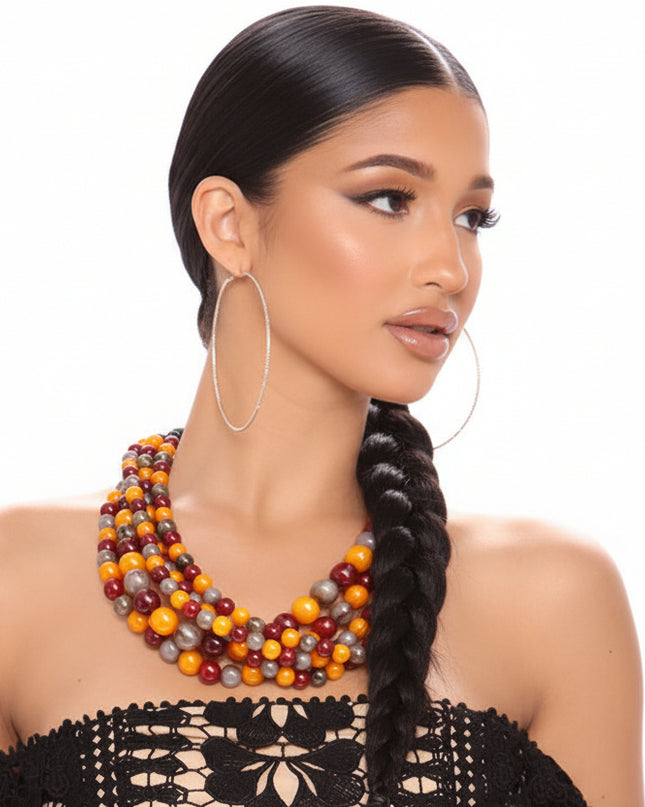 Layered Burgundy, Gray, and Orange Ball Bead Multi-Strand Necklace Featuring Natural Buffalo Horn Hook Closure. Handcrafted. Fair Trade. Exclusive.