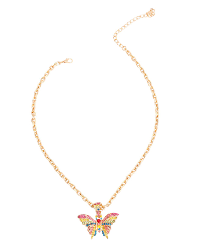 Gold Metal Oval Chain Link Necklace Featuring Butterfly Pendant with Multi Color Rhinestone Detailing. Butterfly measures 1.5 inches wide and 1.25 inches long.