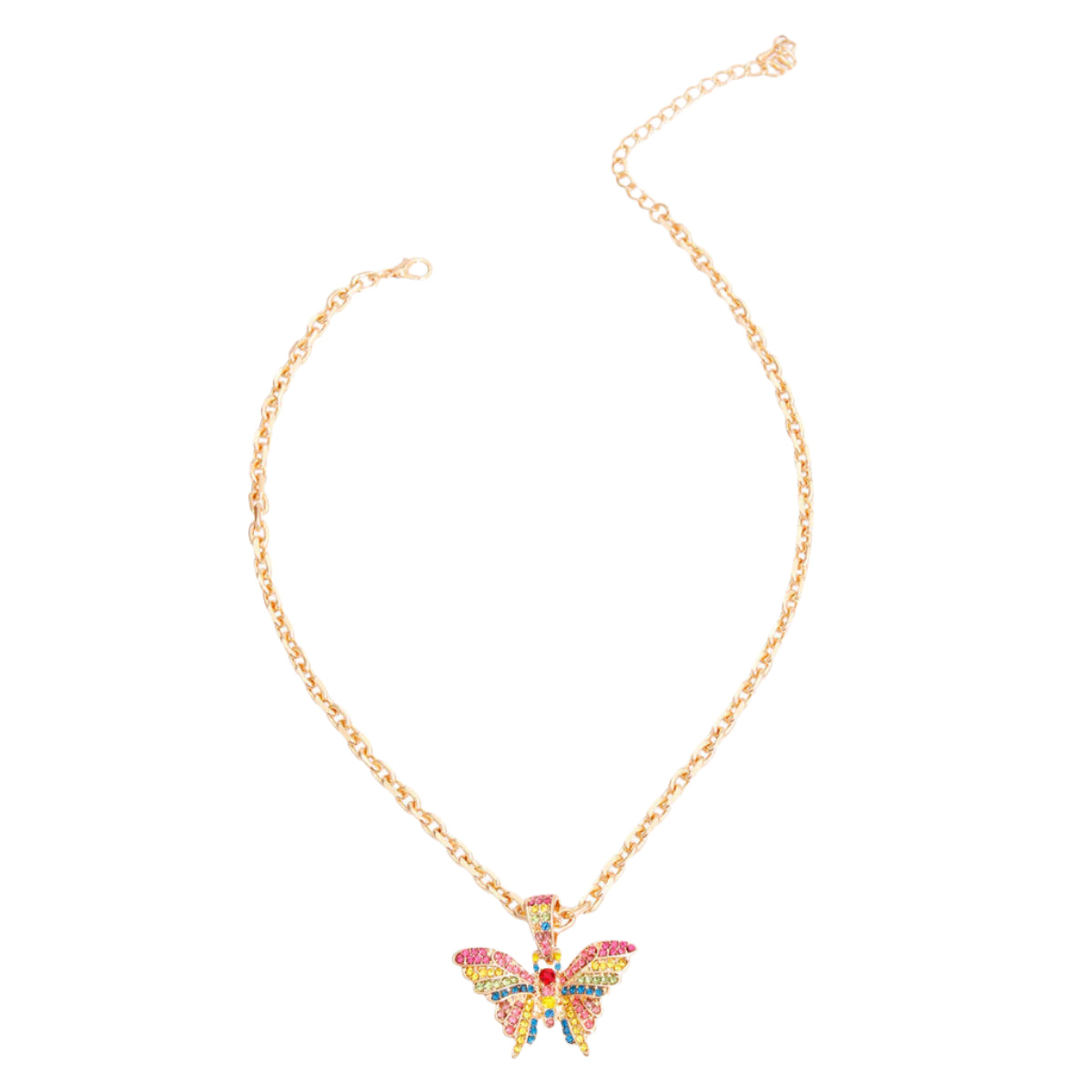 Gold Metal Oval Chain Link Necklace Featuring Butterfly Pendant with Multi Color Rhinestone Detailing. Butterfly measures 1.5 inches wide and 1.25 inches long.