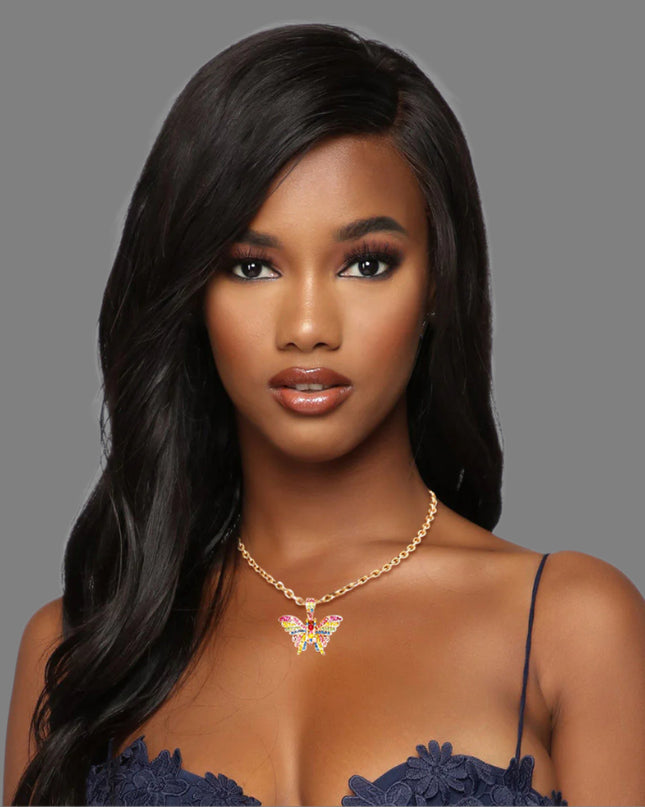 Gold Metal Oval Chain Link Necklace Featuring Butterfly Pendant with Multi Color Rhinestone Detailing. Butterfly measures 1.5 inches wide and 1.25 inches long.