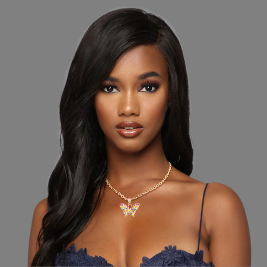 Gold Metal Oval Chain Link Necklace Featuring Butterfly Pendant with Multi Color Rhinestone Detailing. Butterfly measures 1.5 inches wide and 1.25 inches long.