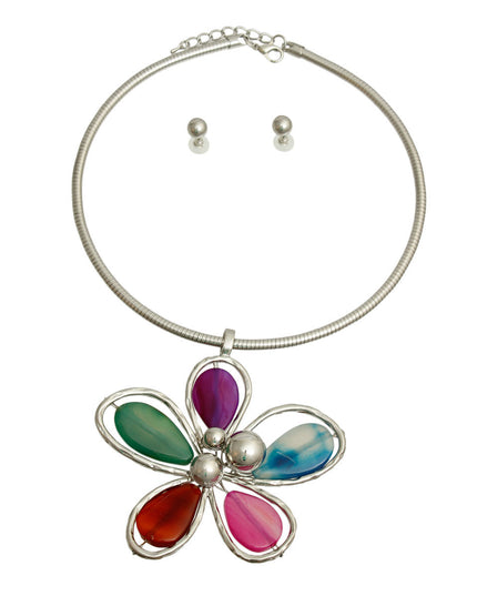 Silver Metal Rigid Collar Necklace Set Featuring Flower-Shaped Pendant with Multi Color Bead Petals. Pendant measures 4.25 inches.