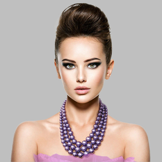 Silver with Purple Pearls Graduated 3 Strand Layered Necklace Set