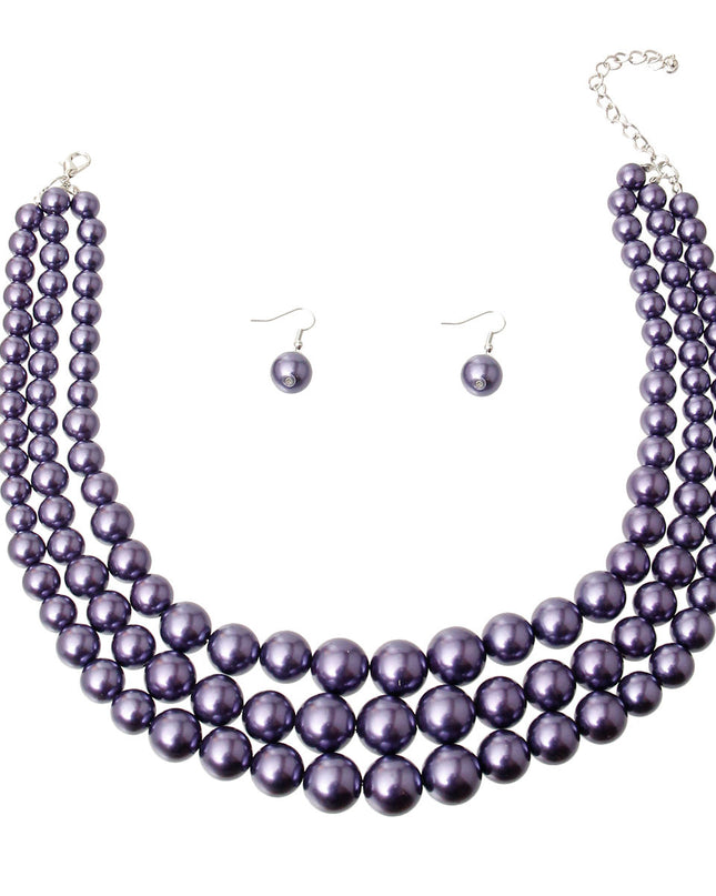 Silver with Purple Pearls Graduated 3 Strand Layered Necklace Set