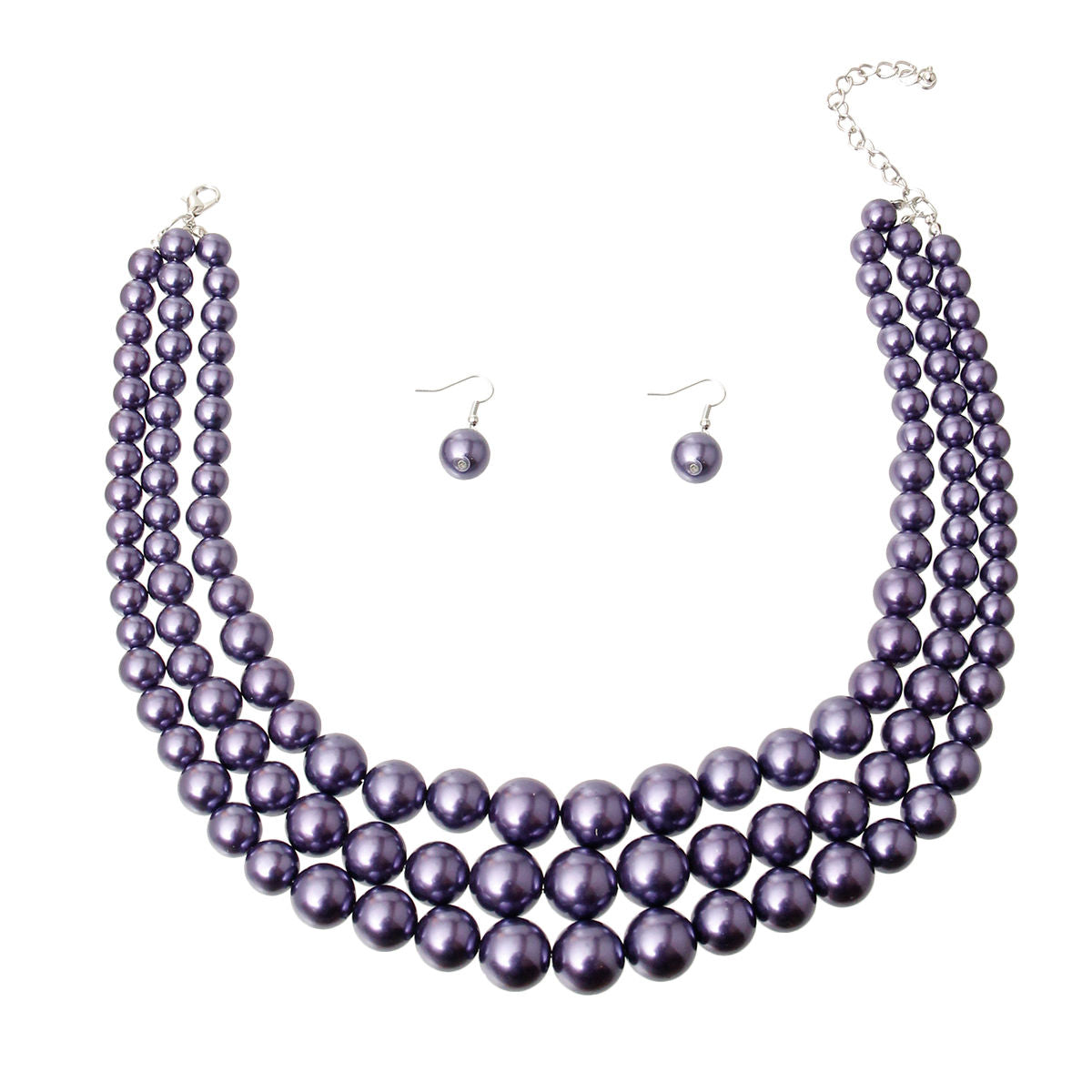 Silver with Purple Pearls Graduated 3 Strand Layered Necklace Set