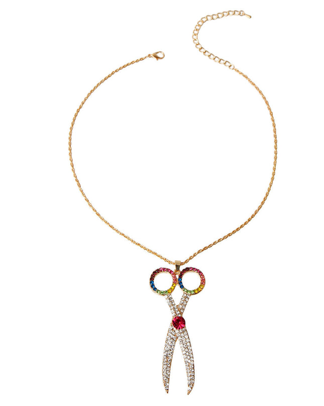 Gold Metal Chain Necklace Featuring Multi Color Rhinestone Scissors Pendant. Pendant measures 3.25 inches long