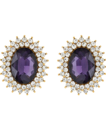 Gold Metal Oval Stud Earrings Featuring Purple Crystal with Rhinestone Trim. Earrings measure .85 inches wide