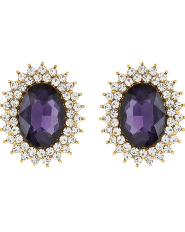 Gold Metal Oval Stud Earrings Featuring Purple Crystal with Rhinestone Trim. Earrings measure .85 inches wide