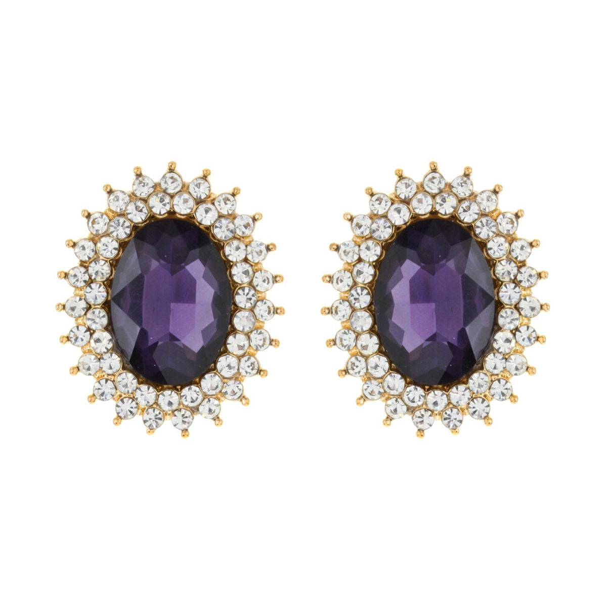 Gold Metal Oval Stud Earrings Featuring Purple Crystal with Rhinestone Trim. Earrings measure .85 inches wide