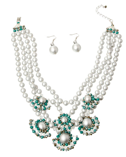 Silver Pearl Multi Strand Necklace Set Featuring Bead Detail