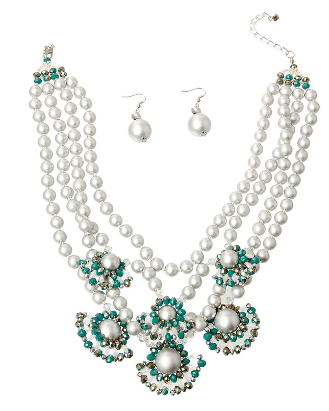 Silver Pearl Multi Strand Necklace Set Featuring Bead Detail