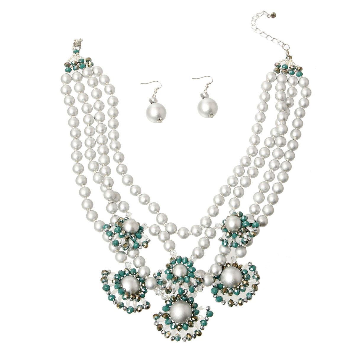 Silver Pearl Multi Strand Necklace Set Featuring Bead Detail