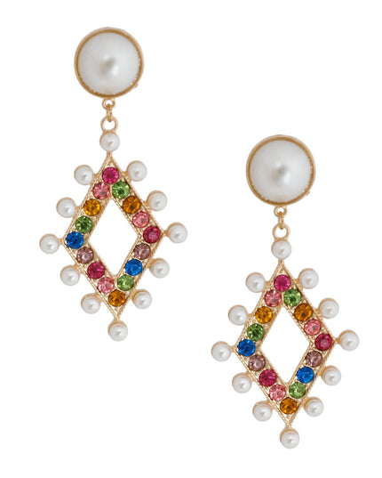 Gold Metal and Cream Pearl Earrings Featuring Diamond-Shaped Drop Detail with Multi Color Rhinestones and Pearls. Earrings measure 1.65 inches wide.