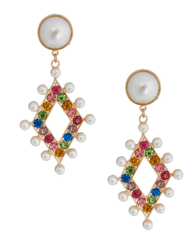 Gold Metal and Cream Pearl Earrings Featuring Diamond-Shaped Drop Detail with Multi Color Rhinestones and Pearls. Earrings measure 1.65 inches wide.