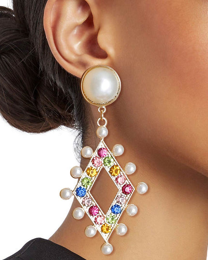 Gold Metal and Cream Pearl Earrings Featuring Diamond-Shaped Drop Detail with Multi Color Rhinestones and Pearls. Earrings measure 1.65 inches wide.