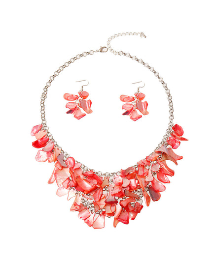 Silver Medal Round Link Chain Necklace Set Featuring Pink Layered Resin Drop Details. Approx 2.5 inches long