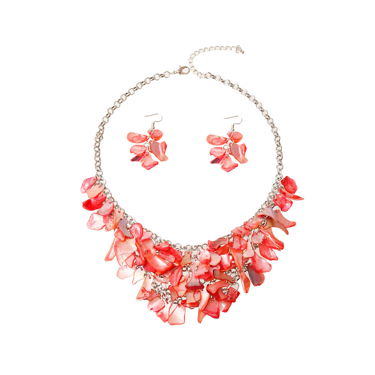 Silver Medal Round Link Chain Necklace Set Featuring Pink Layered Resin Drop Details. Approx 2.5 inches long