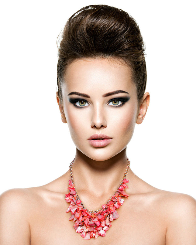 Silver Medal Round Link Chain Necklace Set Featuring Pink Layered Resin Drop Details. Approx 2.5 inches long