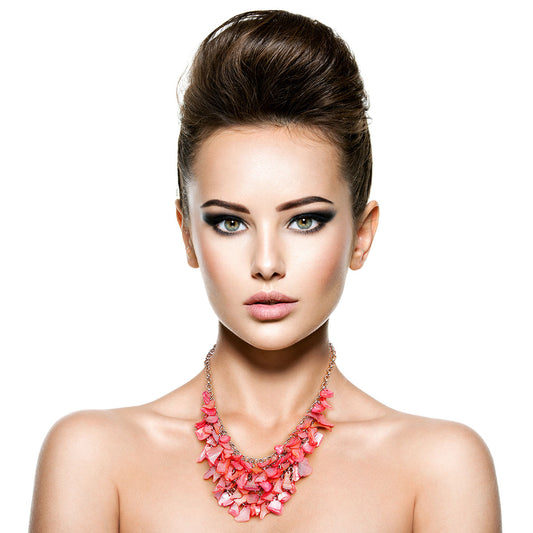 Silver Medal Round Link Chain Necklace Set Featuring Pink Layered Resin Drop Details. Approx 2.5 inches long
