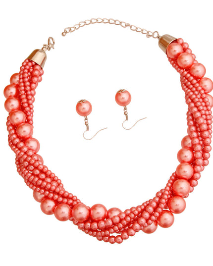 Silver and Pink Varying Sized Pearl Twisted Multi Strand Necklace Set