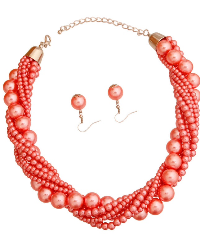 Silver and Pink Varying Sized Pearl Twisted Multi Strand Necklace Set