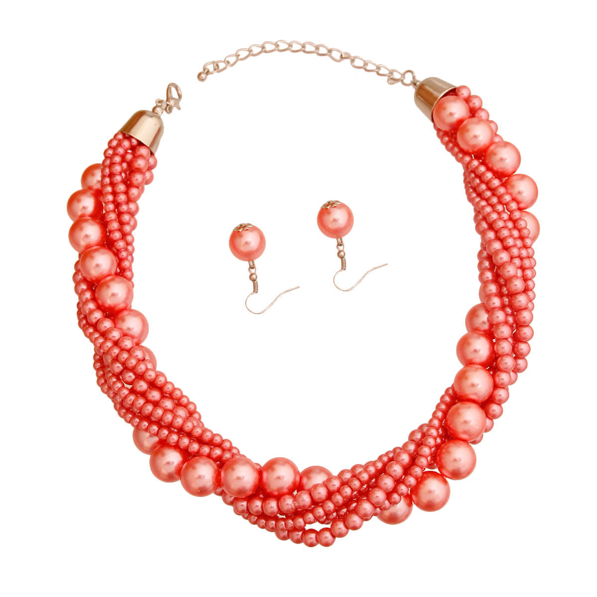 Silver and Pink Varying Sized Pearl Twisted Multi Strand Necklace Set