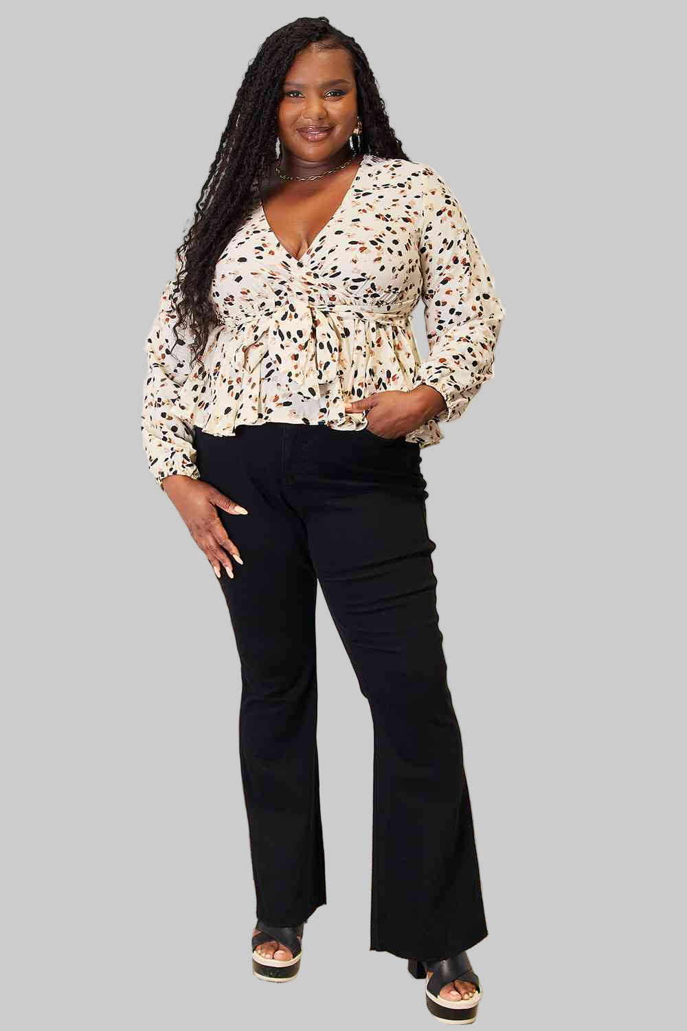 Printed Tied Plunge Peplum Blouse