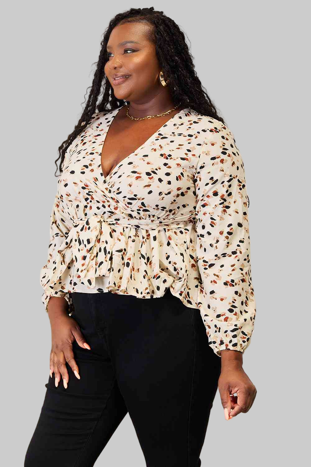 Printed Tied Plunge Peplum Blouse