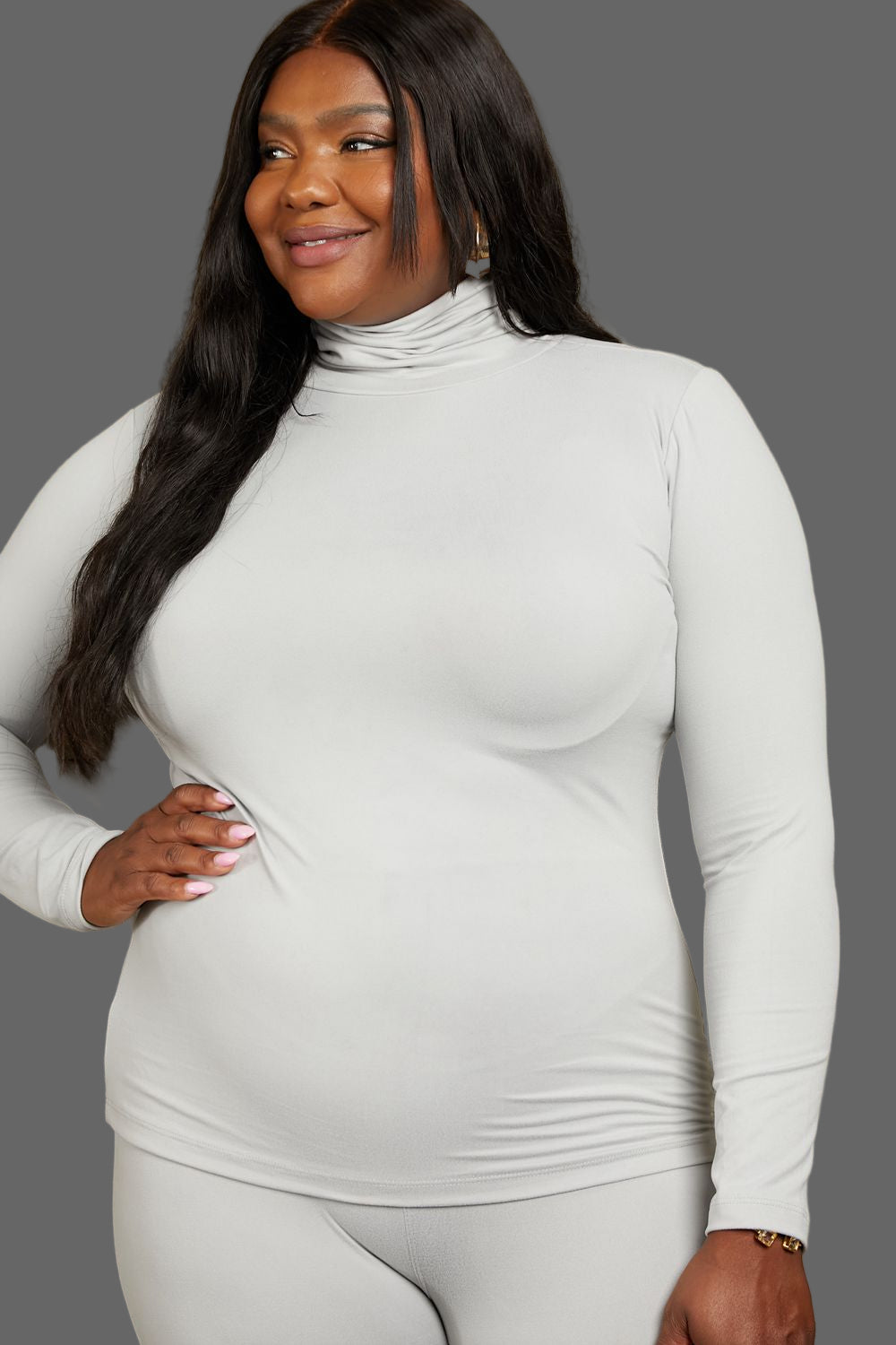 Close up look. Plus Size Mock Neck Top and Leggings Set