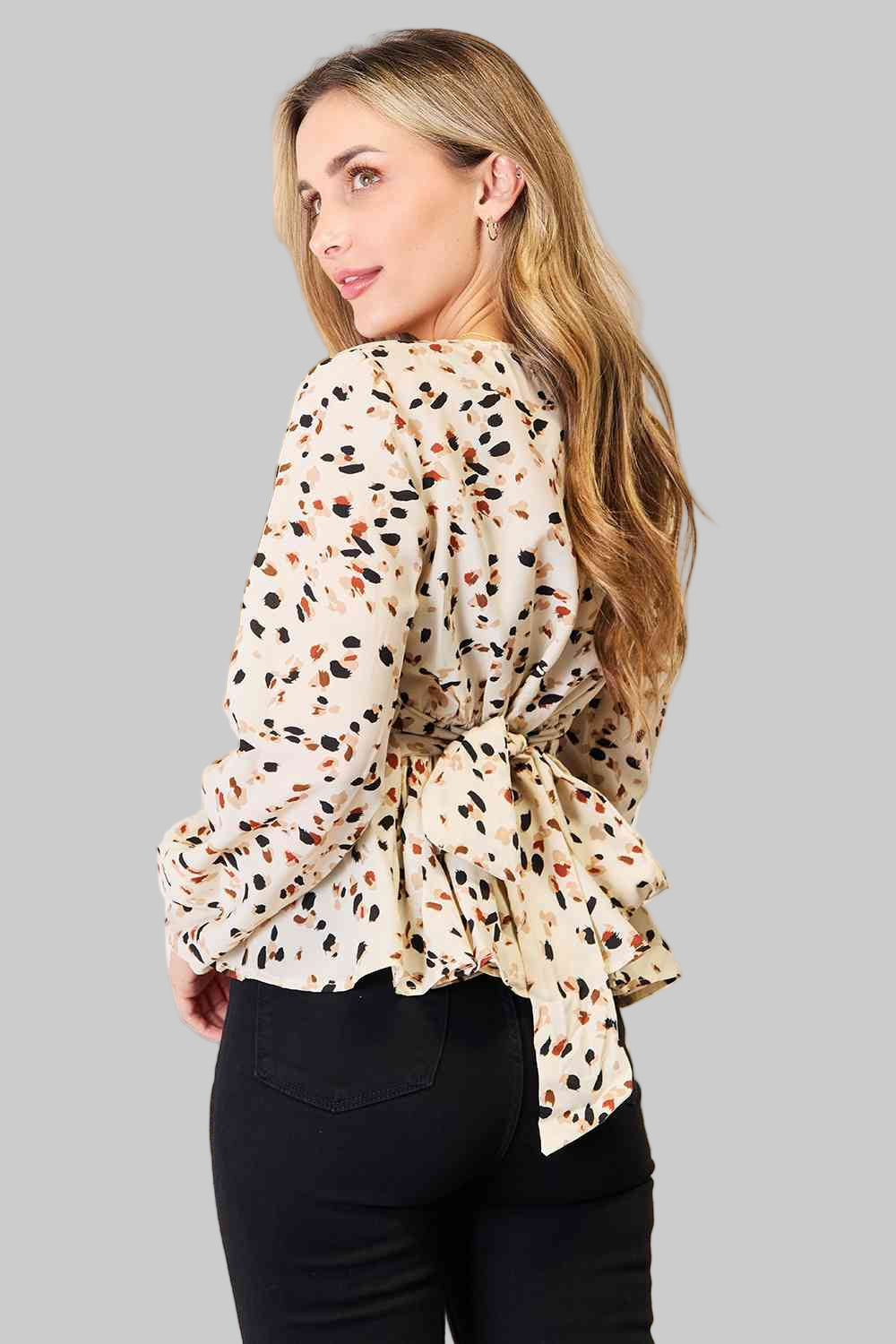 Printed Tied Plunge Peplum Blouse for everyday wear