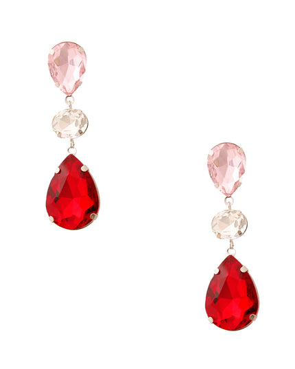 Silver Metal with Red and Pink Glass Crystal Double Teardrop Earrings. .85 inches wide
