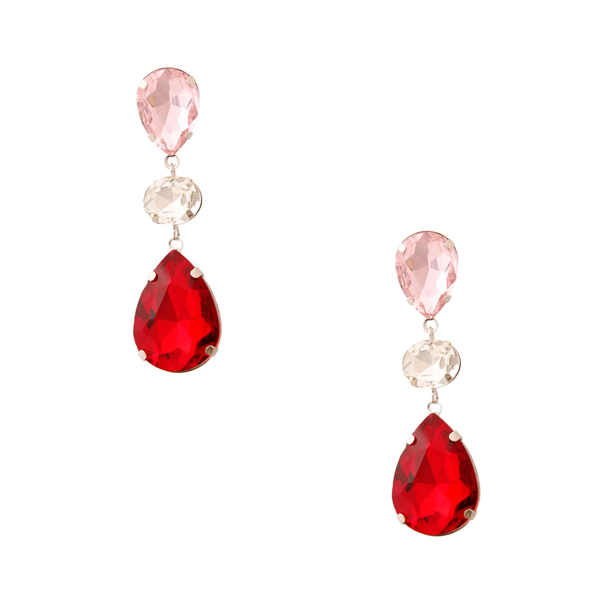 Silver Metal with Red and Pink Glass Crystal Double Teardrop Earrings. .85 inches wide