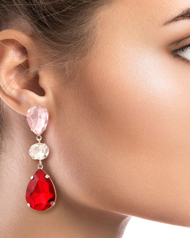 Silver Metal with Red and Pink Glass Crystal Double Teardrop Earrings. .85 inches wide