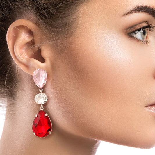 Silver Metal with Red and Pink Glass Crystal Double Teardrop Earrings. .85 inches wide