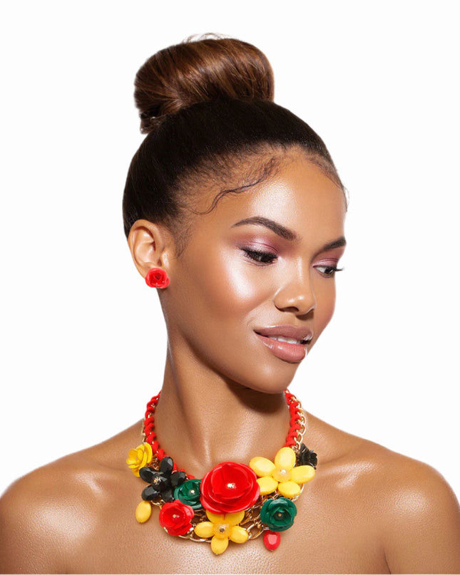 Chunky Gold Metal Chain Collar Necklace Set Featuring Red, Green, Yellow, and Black Metal Roses and Flower Detailing. Center Flower measures 2.5 inches.