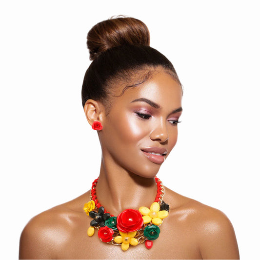 Chunky Gold Metal Chain Collar Necklace Set Featuring Red, Green, Yellow, and Black Metal Roses and Flower Detailing. Center Flower measures 2.5 inches.