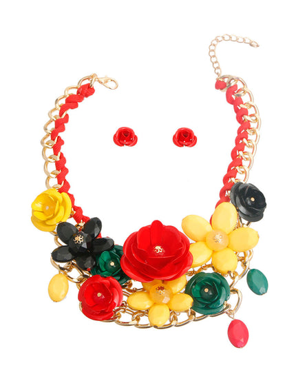 Chunky Gold Metal Chain Collar Necklace Set Featuring Red, Green, Yellow, and Black Metal Roses and Flower Detailing. Center Flower measures 2.5 inches.