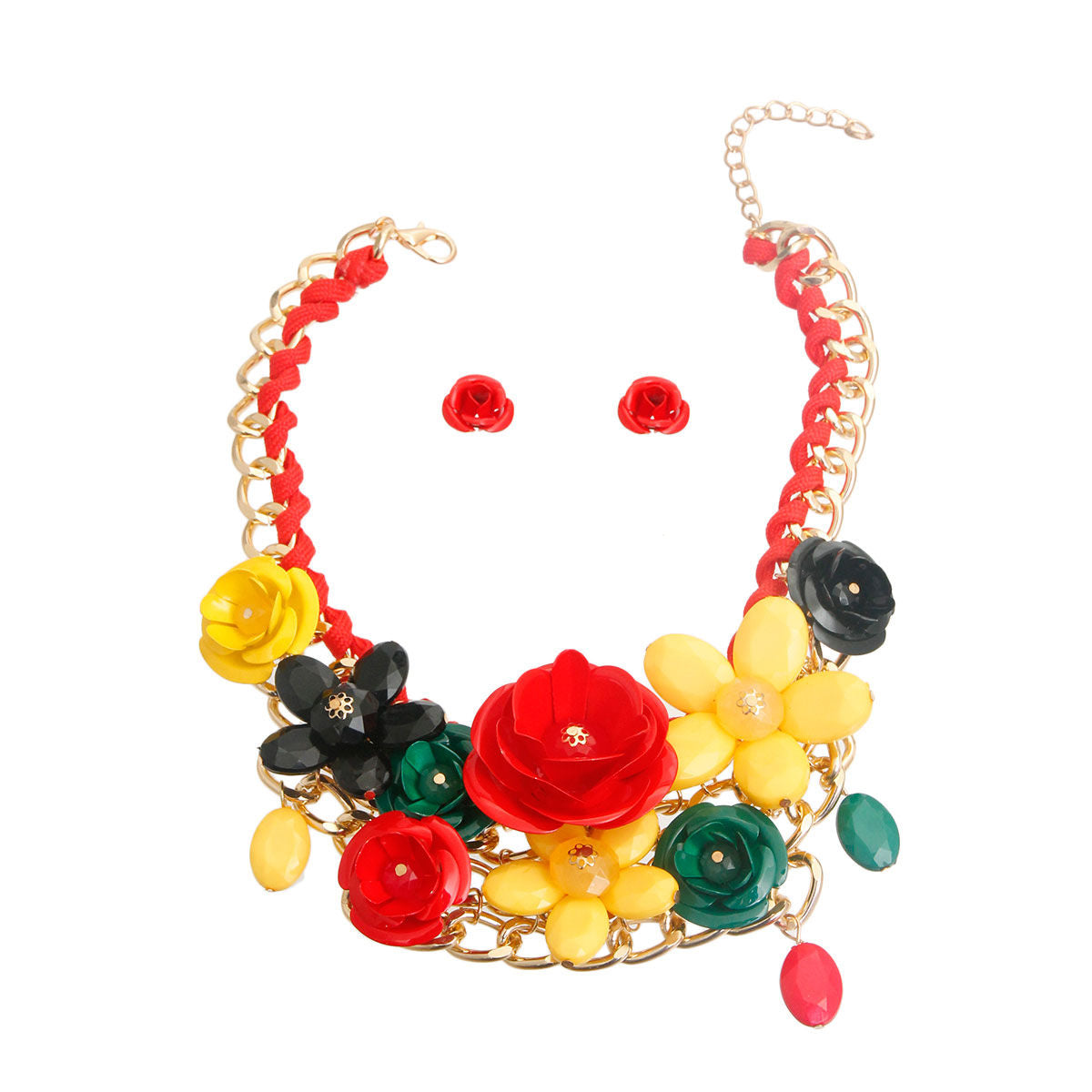 Chunky Gold Metal Chain Collar Necklace Set Featuring Red, Green, Yellow, and Black Metal Roses and Flower Detailing. Center Flower measures 2.5 inches.