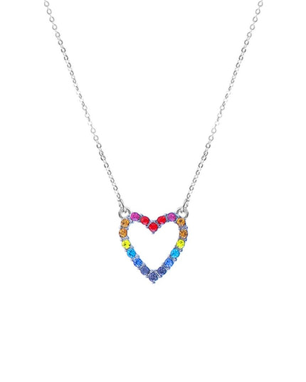 Silver Metal Chain V Necklace Featuring Rainbow Rhinestone Heart Pendant. Pendant measures .55" x .58