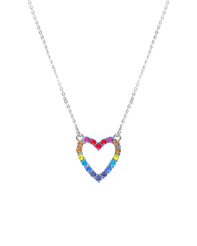 Silver Metal Chain V Necklace Featuring Rainbow Rhinestone Heart Pendant. Pendant measures .55" x .58